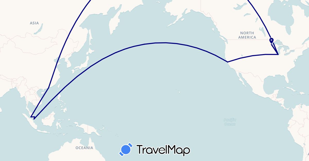 TravelMap itinerary: driving in China, Malaysia, Singapore, United States (Asia, North America)